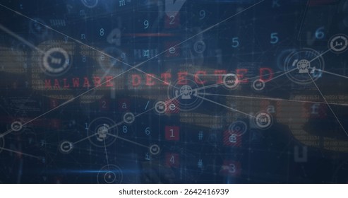 Displaying red MALWARE DETECTED on cyber interface, showing network nodes and data streams. Cyberspace, security, digital, technology, network, data, alert