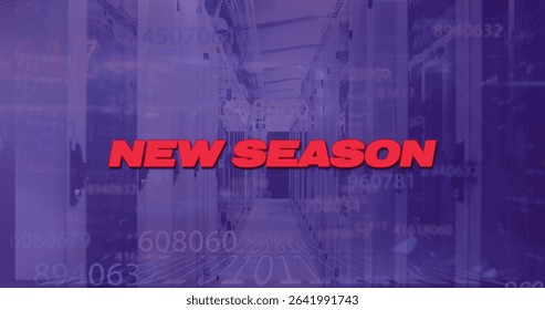 Displaying red text NEW SEASON hovering over server racks, numeric overlays in data center corridor. Futuristic, technology, network, digital, industrial, modernization, connectivity