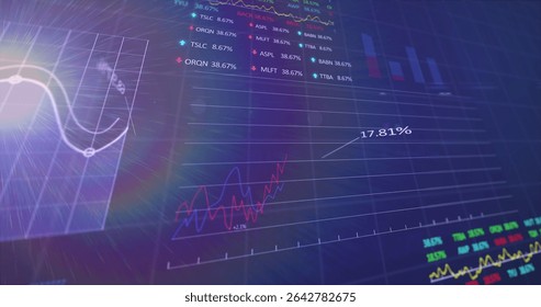 Displaying rising line chart '17.81%' on finance grid dashboard with tickers, panels, lens flare. Data visualization, financial analytics, technology, digital interface, investment, business,