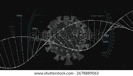 Displaying rotating wireframe virus sphere with spikes in HUD, featuring DNA helix and data panels. Futuristic, scientific, technology, biomedical, digital, virtual, analytical