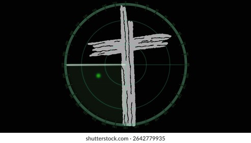 Displaying rough brush cross at center on radar grid display, showing bright green blip. Tech, interface, abstract, digital, futuristic, surveillance, analysis