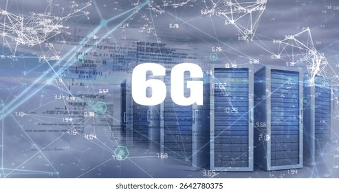 Displaying row of server racks glowing blue in digital sky with 6G overlay and network overlays. Technology, innovation, futurism, data, connectivity, network, cyber - Powered by Shutterstock - Get 15% off with code: PIKWIZARD15