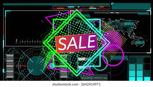 Displaying SALE banner hovering over neon hexagon shapes in futuristic UI, with world map grid. Futuristic, digital, technology, data, visualization, abstract, vibrant - Powered by Shutterstock - Get 15% off with code: PIKWIZARD15