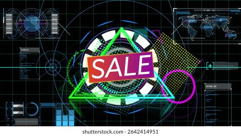 Displaying SALE graphic featuring gradient rectangle, neon triangle, HUD ring at digital interface. Futuristic, technology, cyber, interface, digital, neon, data
