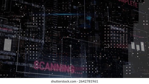 Displaying scanning interface in virtual HUD, with magenta SCANNING label and wavy light trails. Futuristic, digital, technology, interface, data, visualization, cyber
