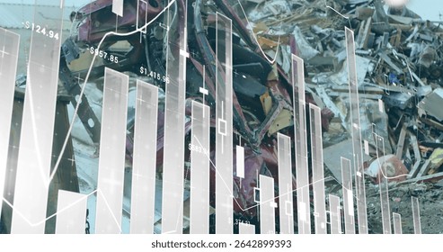 Displaying scrap metal pieces piling up in recycling yard, with candlestick charts, price overlays. Industrial, urban, abstract, finance, economy, data, analysis - Powered by Shutterstock - Get 15% off with code: PIKWIZARD15
