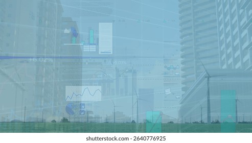 Displaying semi transparent charts overlaying wind turbines on grassland, urban skyline background. Renewable, sustainability, technology, data visualization, clean energy, green, infrastructure