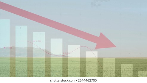 Displaying semi-transparent bar chart overlay over rural crop field, with falling red arrow trend. Data visualization, agricultural, digital, analytics, rural, market, economic