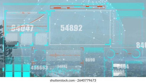 Displaying semi-transparent HUD overlaying coast, with numeric display, line graphs, network mesh. Futuristic, technological, data visualization, digital interface, scenic, innovation, analytics