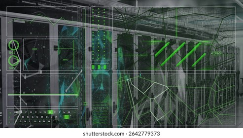 Displaying semi-transparent interface overlaying data center aisle, showing server racks and graphs. Technology, infrastructure, cybersecurity, digital, connectivity, innovation, data