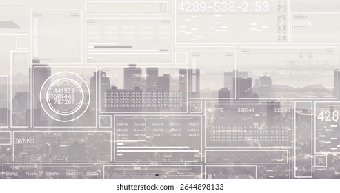 Displaying semi-transparent interface panels floating above urban skyline in haze, data overlays. Futuristic, technology, data, analytics, digital, interface, urban - Powered by Shutterstock - Get 15% off with code: PIKWIZARD15