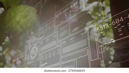 Displaying semi-transparent wireframe interface hovering over canopy, leaf left, showing 5513-604-. Overlay, data, dashboard, digital, foliage, treetop, sunlit - Powered by Shutterstock - Get 15% off with code: PIKWIZARD15
