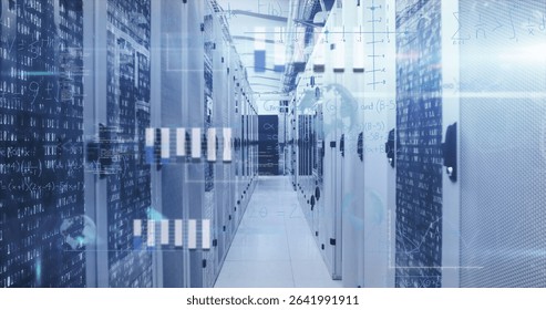 Displaying server cabinets in corridor flashing LEDs and overlaying code graphics in data center. Technology, data, networking, cybersecurity, infrastructure, digital, industrial