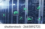 Displaying server cabinets featuring binary code glass panels in data center aisle, with eco icons. Technology, infrastructure, innovation, digital, sustainability, energy efficiency, industrial