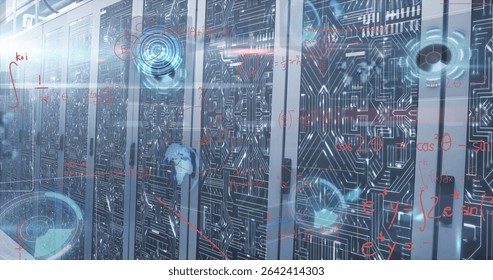 Displaying server cabinets featuring circuit panels in data center, floating red equations blue HUD. Technology, data, cyberspace, digital, innovation, futuristic, infrastructure - Powered by Shutterstock - Get 15% off with code: PIKWIZARD15