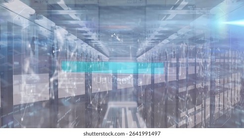 Displaying server cabinets with LED status panels in data center aisle, with uploading progress bar. Futuristic, technology, digital, network, infrastructure, abstract, high-tech
