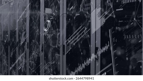 Displaying server cabinets showing data flow graphics in data center aisle, with LED lights. Technology, cybersecurity, digital, futuristic, infrastructure, innovation, network