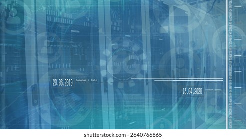 Displaying server rack array in data center, with binary code, timeline bars and date labels. Technology, cybersecurity, network, infrastructure, innovation, digital, efficiency