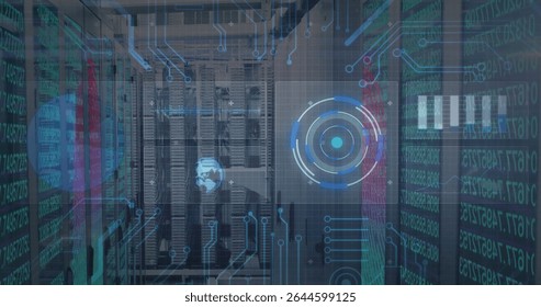 Displaying server rack bank projecting holographic HUD overlay in server room, with patch cables. Technology, cybersecurity, innovation, futuristic, digital, data, network