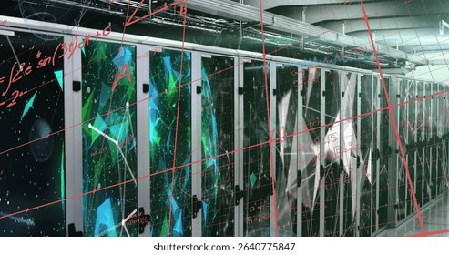 Displaying server rack cabinets glowing green in server room, with cable trays, floating red grid. Technology, data, cybersecurity, network, digital, futuristic, industrial