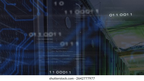 Displaying server rack columns streaming binary code and cables in data center, copy space. Technology, data storage, cybersecurity, hardware, digital infrastructure, industrial design, network