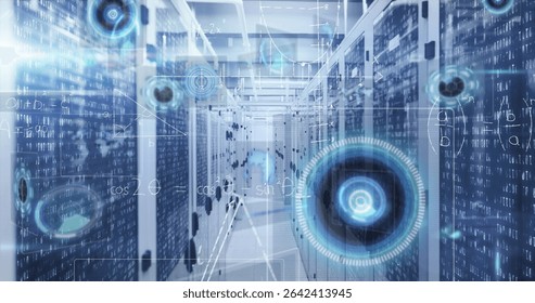 Displaying server rack corridor showing digital overlay in data center, blinking LEDs and cables. Technology, cybersecurity, data, digital, network, infrastructure, innovation