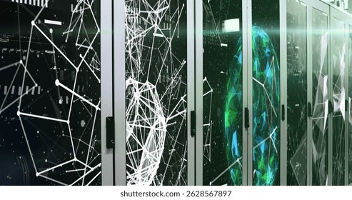 Displaying server rack glass door featuring illuminated network patterns in data center, with LEDs. Technology, data, cybersecurity, modern, innovation, digital, connectivity - Powered by Shutterstock - Get 15% off with code: PIKWIZARD15
