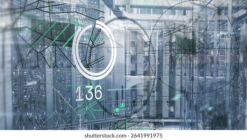 Displaying server rack with holographic network overlays in data center, with gauge and cable trays. Technology, networking, data infrastructure, digital, innovation, cybersecurity, industrial