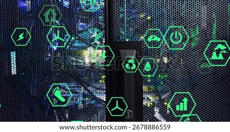Displaying server rack mesh door revealing networking cables in data center, with green eco icons. Technology, infrastructure, eco-friendly, innovation, energy, digital, modern