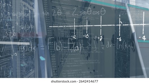 Displaying server rack with network cables, glowing LED lights in data center aisle, code overlay. Technology, data, cybersecurity, network, digital, infrastructure, futuristic
