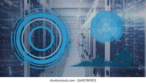 Displaying server racks in data center corridor with patch cables, raised floor and digital overlay. Technology, datacenter, networking, cybersecurity, data analytics, industrial, automation