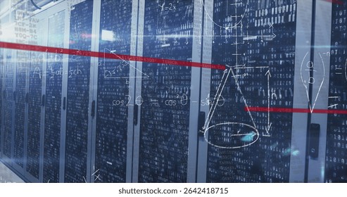 Displaying server racks emitting blinking LED lights in data center corridor, with code overlay. Technology, data, cybersecurity, networking, innovation, futuristic, industrial