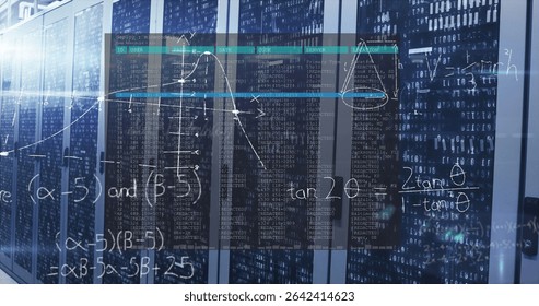 Displaying server racks featuring floating code tables, graphs and formulas in data center corridor. Technology, data, cybersecurity, digital, innovation, networking, analytics