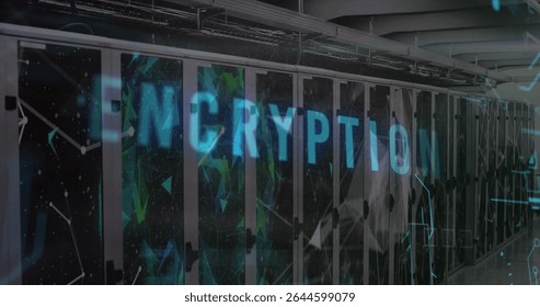 Displaying server racks glowing with LED lights, holographic encryption overlay inside data center. Technology, cybersecurity, data infrastructure, industrial, futuristic, digital, network
