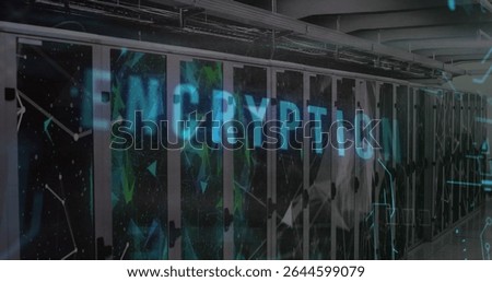 Displaying server racks glowing with LED lights, holographic encryption overlay inside data center. Technology, cybersecurity, data infrastructure, industrial, futuristic, digital, network