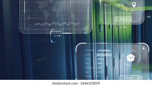 Displaying server racks with green lighting in data center, holographic cost and order panels. Technology, data, network, cybersecurity, innovation, digital, infrastructure - Powered by Shutterstock - Get 15% off with code: PIKWIZARD15