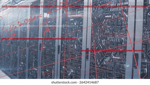Displaying server racks holding circuit boards and LED lights in data center hall, with red overlay. Technology, cybersecurity, data, digital, networking, innovation, industrial - Powered by Shutterstock - Get 15% off with code: PIKWIZARD15