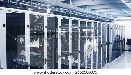 Displaying server racks lining data center aisle, with holographic overlays and office chair at end. Technology, data, networking, digital, analytics, futuristic, modern