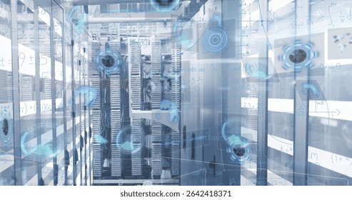 Displaying server racks projecting holographic equations in data center corridor, with LED lights. Technology, cybersecurity, futuristic, digital, networking, innovation, industrial