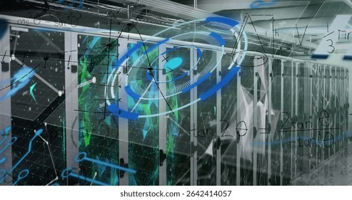 Displaying server racks revealing blinking LED lights in data center corridor, with holograms. Technology, innovation, cybersecurity, digital, futuristic, industrial, network