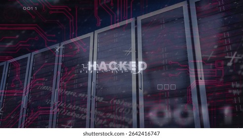 Displaying server racks in server room with red circuit graphics, code snippets, hacked glitch text. Cybersecurity, data center, digital intrusion, network security, technological, futuristic, secure