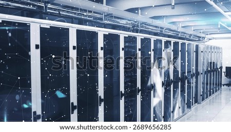Displaying server racks showing blinking lights in data center corridor, with overhead cable trays. Technology, infrastructure, cybersecurity, industrial, modern, digital, networking