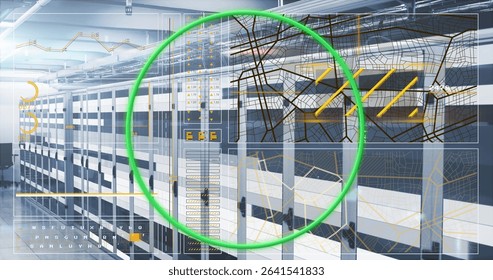 Displaying server racks showing digital network overlay in data center, highlighting connectivity. Technology, cybersecurity, data, infrastructure, futuristic, network, industrial