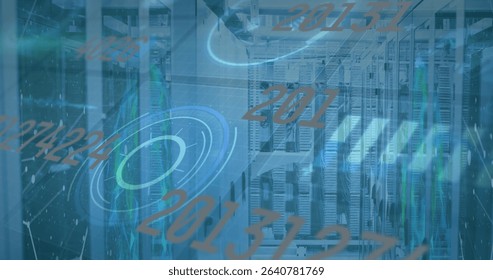 Displaying server racks showing holographic numeric overlays in data center, LED status lights. Technology, networking, digital, innovation, futuristic, automation, infrastructure
