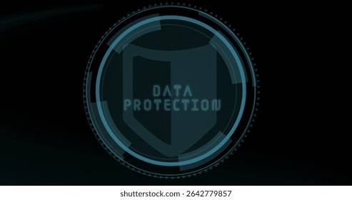Displaying shield icon with DATA PROTECTION overlay within concentric teal rings on dark interface. Cybersecurity, encryption, digital security, futuristic design, technology, visual interface,