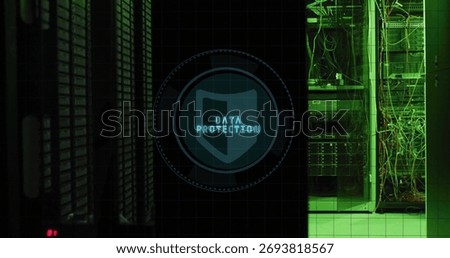 Displaying shield icon showing data protection among server racks with messy cables, glowing LEDs. Cybersecurity, data security, information technology, digital infrastructure, network architecture