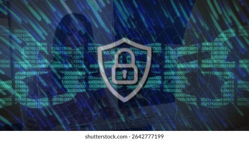 Displaying shield padlock icon hovering over hooded woman in virtual space, with neon data streams. Cybersecurity, digital security, data protection, futuristic, network, technology, encryption