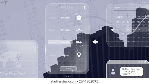 Displaying shipment panel showing timeline with update button in dashboard, with map and calendar. Technology, interface, analytics, data visualization, business, digital, futuristic