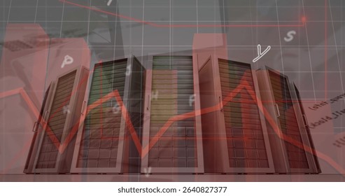 Displaying six server cabinets in data center, with LED indicators, grid, red chart and letters. Technology, data, infrastructure, cybersecurity, digital, analytics, networking