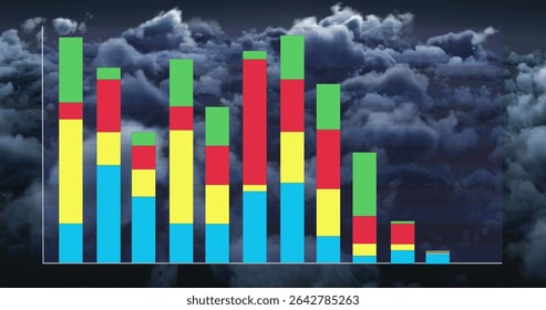 Displaying stacked bar chart with colored segments on dark cloudy sky background with white axes. Data, analytics, visualization, infographic, digital, modern, abstract